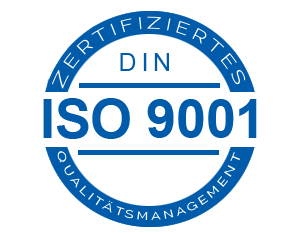Blaues Logo mit einem Kreis, darin die Schrift „DIN ISO 9001“ in Großbuchstaben.